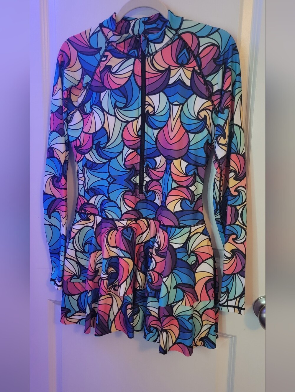 Colorful Retro Swirl Long Sleeve Swim Dress With Shorts Size L